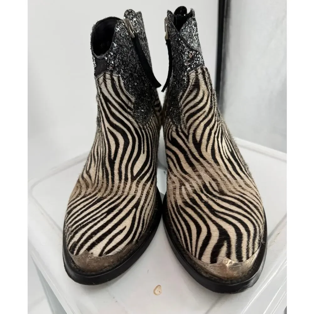 Golden Goose Ankle Western Zip Boots Bootie Zebra Ponyhair Zebra Glitter Size 37 - Picture 4 of 10